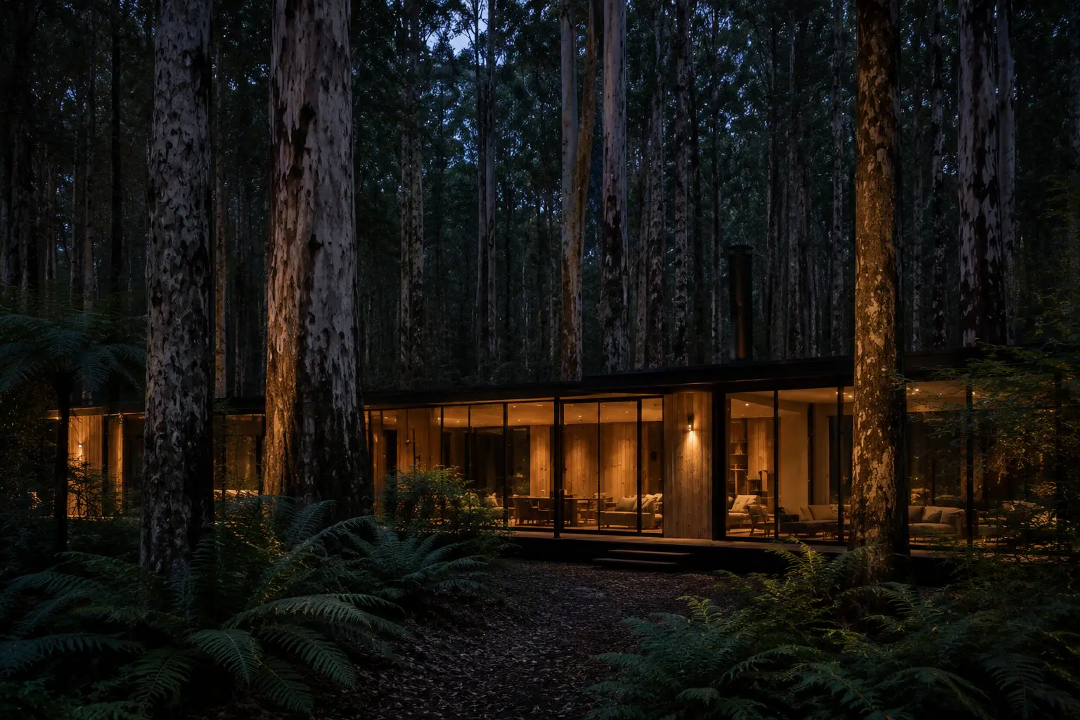 Wide angle of house in the trees at sunset with warm lights, lighting up the house