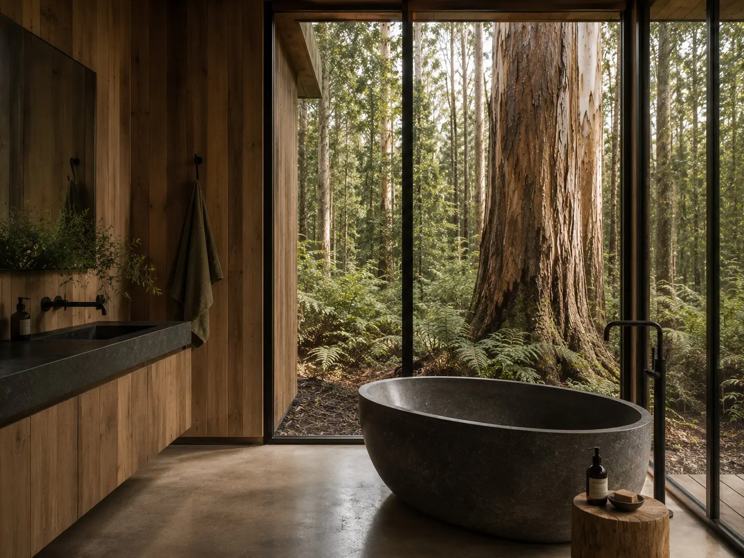 Bathroom with forest view through big windows 