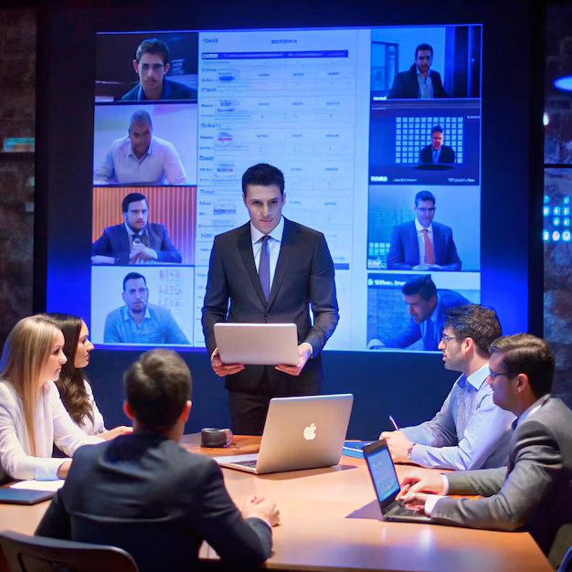 Businessman standing with a laptop leading a meeting with colleagues around a table and a large screen showing remote participants.