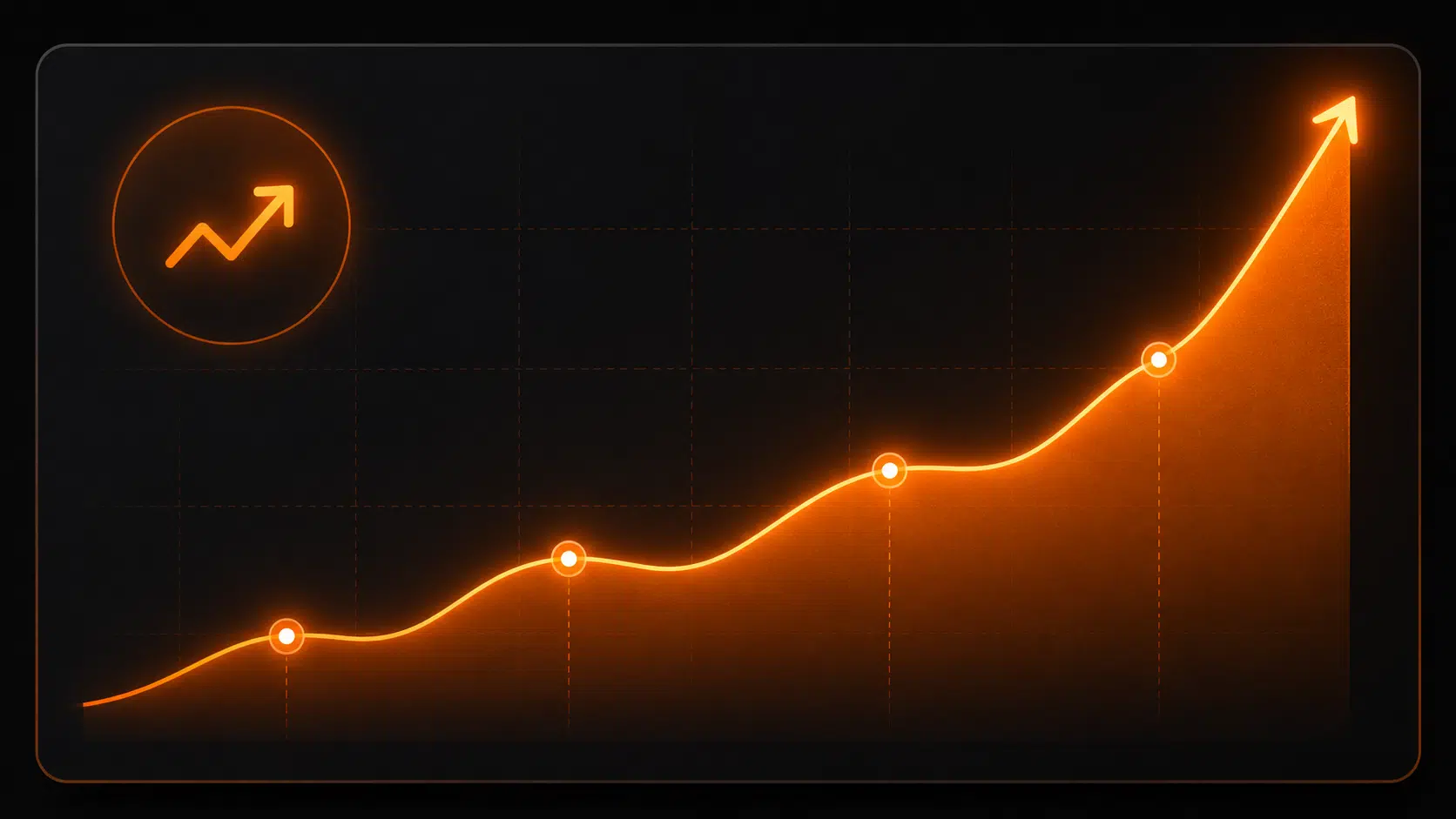 Glowing orange line graph showing steady upward trend with data points and arrow.