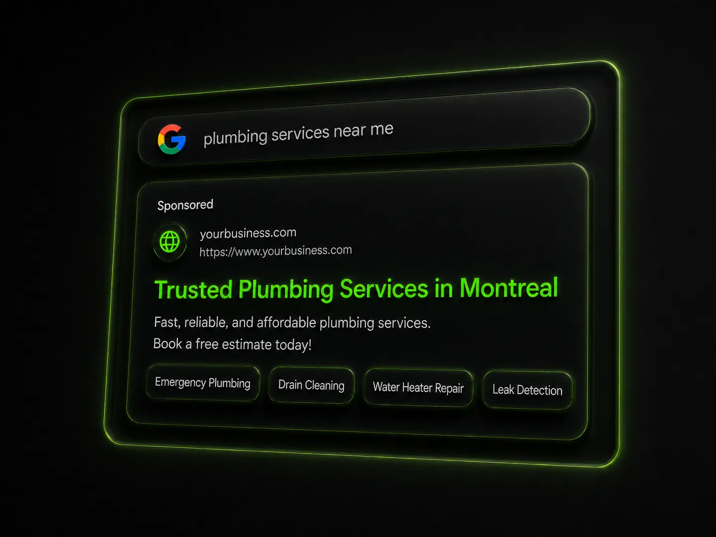 Google search for plumbing services near me showing a sponsored ad for trusted plumbing in Montreal.