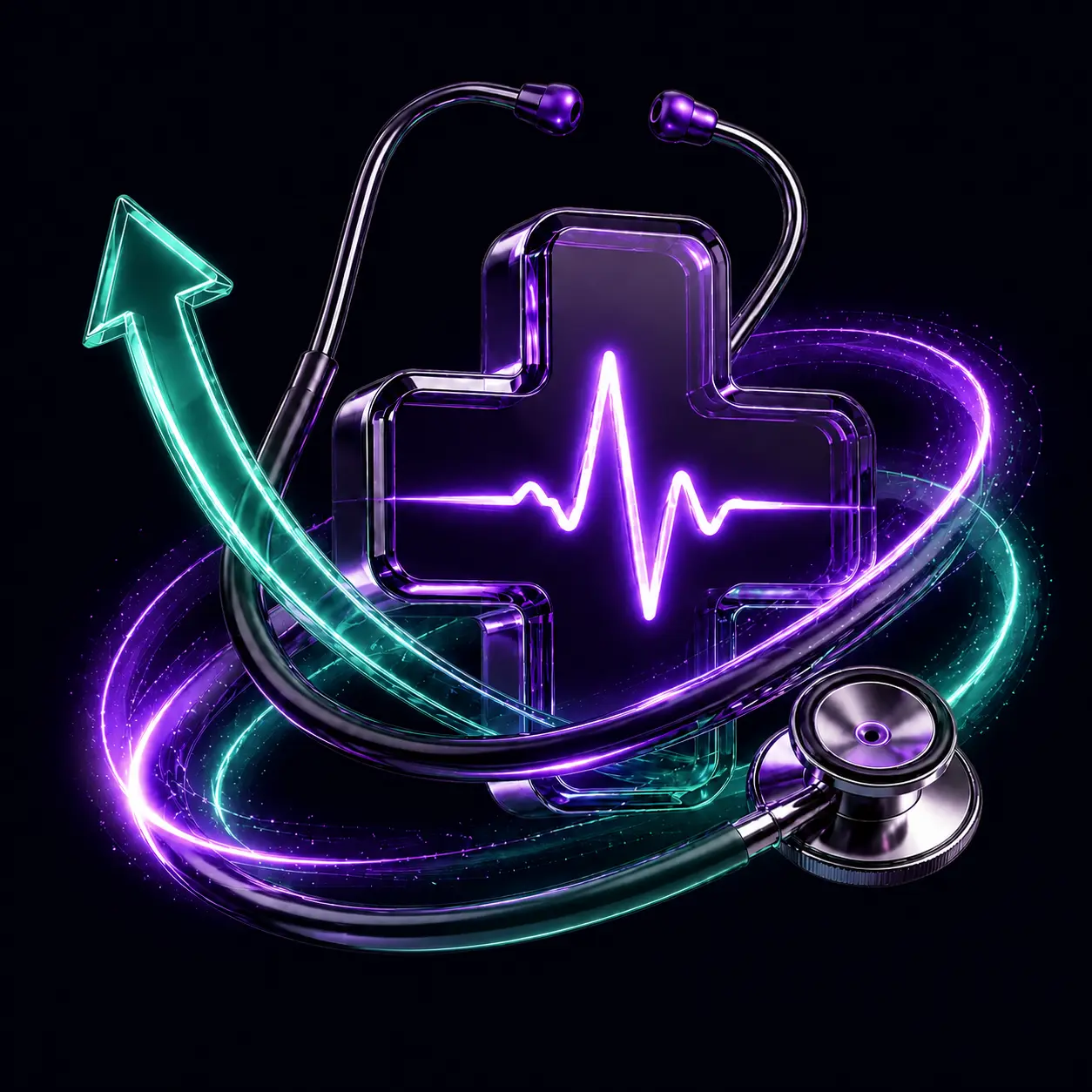 Healthcare marketing growth concept with a medical cross, stethoscope, and upward arrow