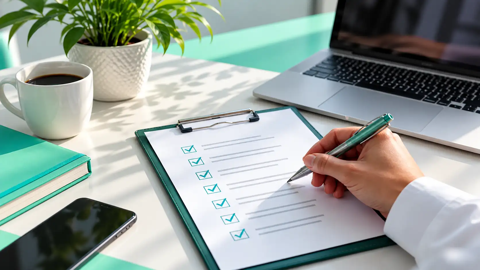 Healthcare marketing agency checklist on a desk