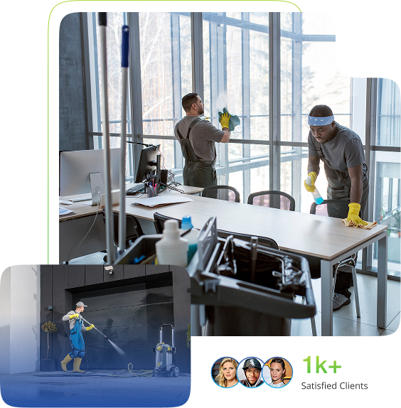 Two men cleaning a modern office with large windows and a smaller image of a man power washing outdoors.