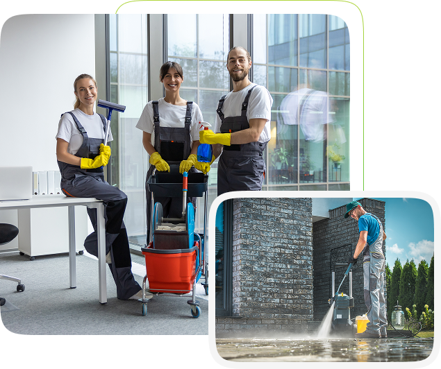 Three cleaning workers with supplies indoors and man pressure washing outdoor brick pavement.