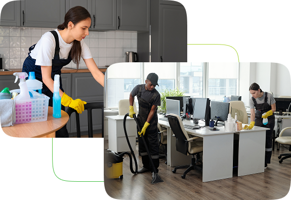 Two janitors wearing yellow gloves cleaning an office workspace and a kitchen area.