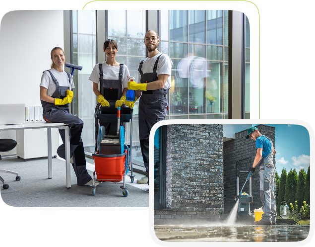 Three janitors with cleaning equipment in an office and a man pressure washing outdoors.