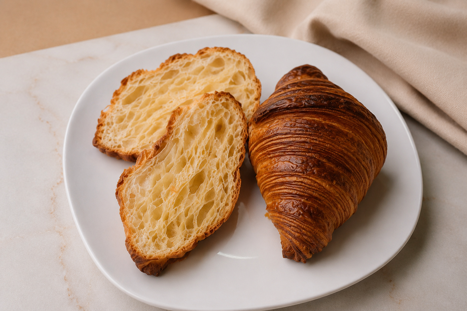 Croissant de mantequilla de El Dulce, con hojaldre dorado y capas visibles