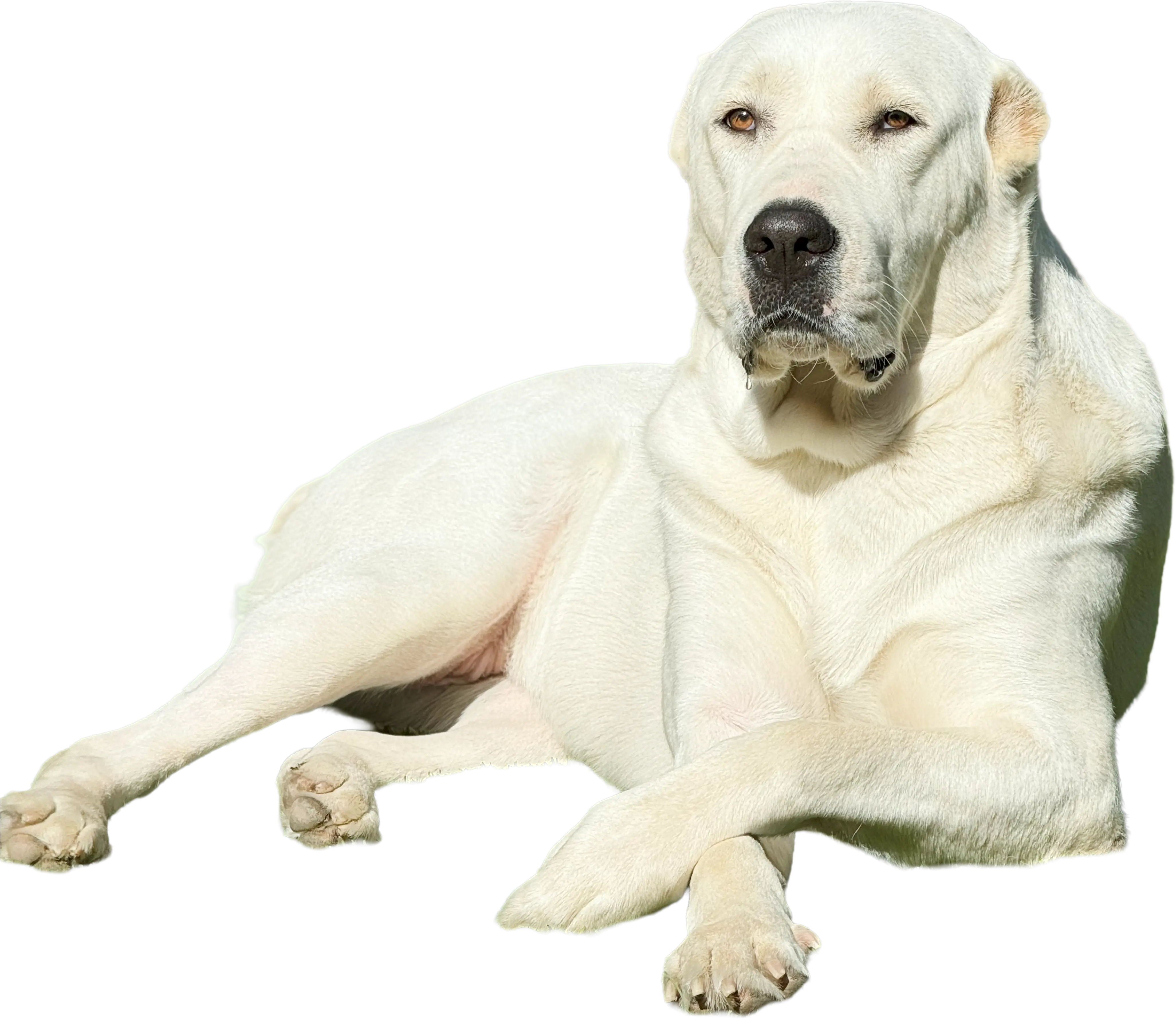 Large Marge, a 130 lb white rescue dog, lying down on a pink background