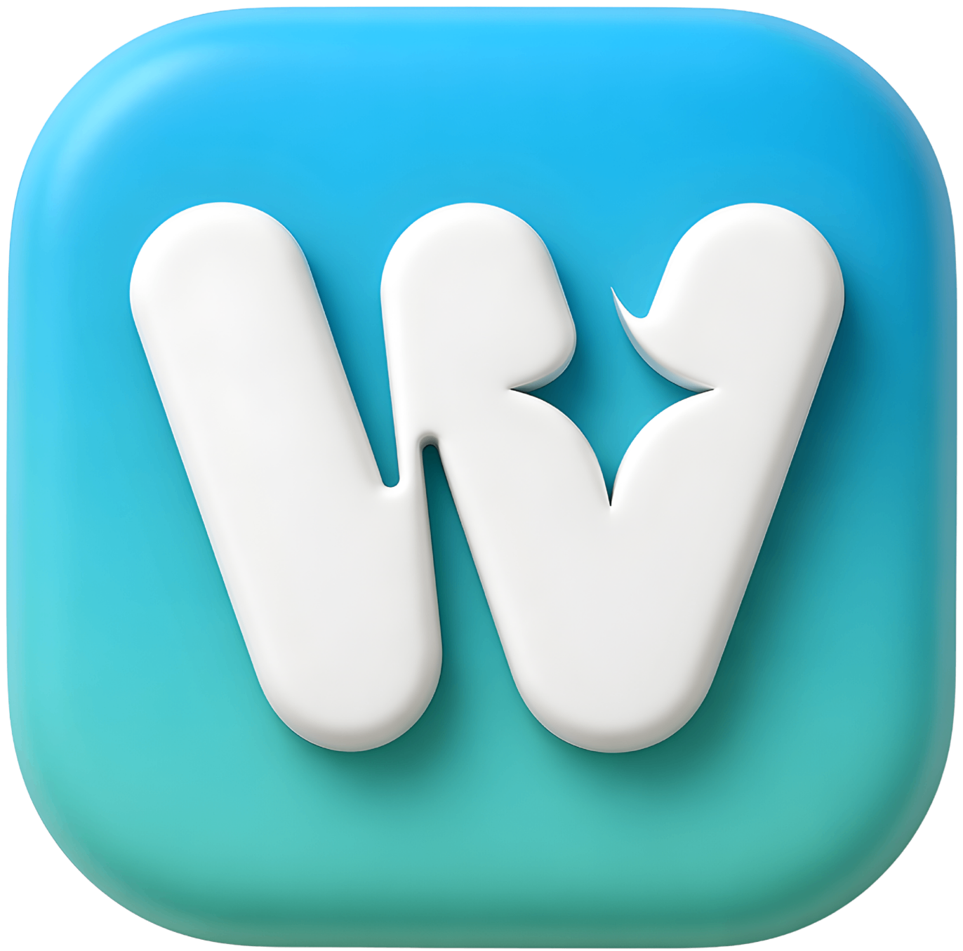 3D white letter W with a speech bubble shape on a blue to teal gradient rounded square background.