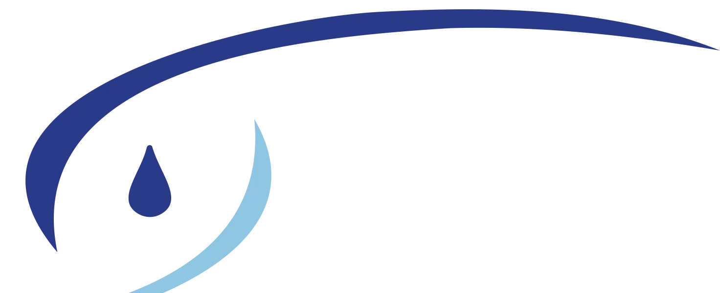 Abstract logo with a dark blue water droplet inside a stylized wave shape formed by a dark blue upper curve and a light blue lower curve.
