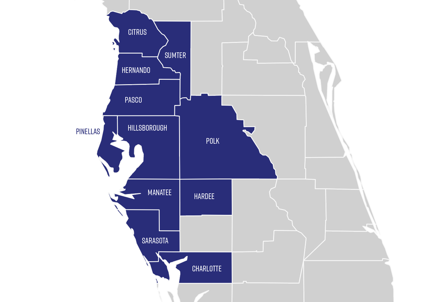 Map of Florida's west coast highlighting 11 counties in dark blue: Citrus, Sumter, Hernando, Pasco, Hillsborough, Polk, Manatee, Hardee, Sarasota, Charlotte, and Pinellas.