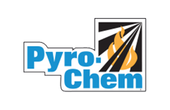 Pyro-Chem logo with blue text and stylized flames and rays in a black and white square.