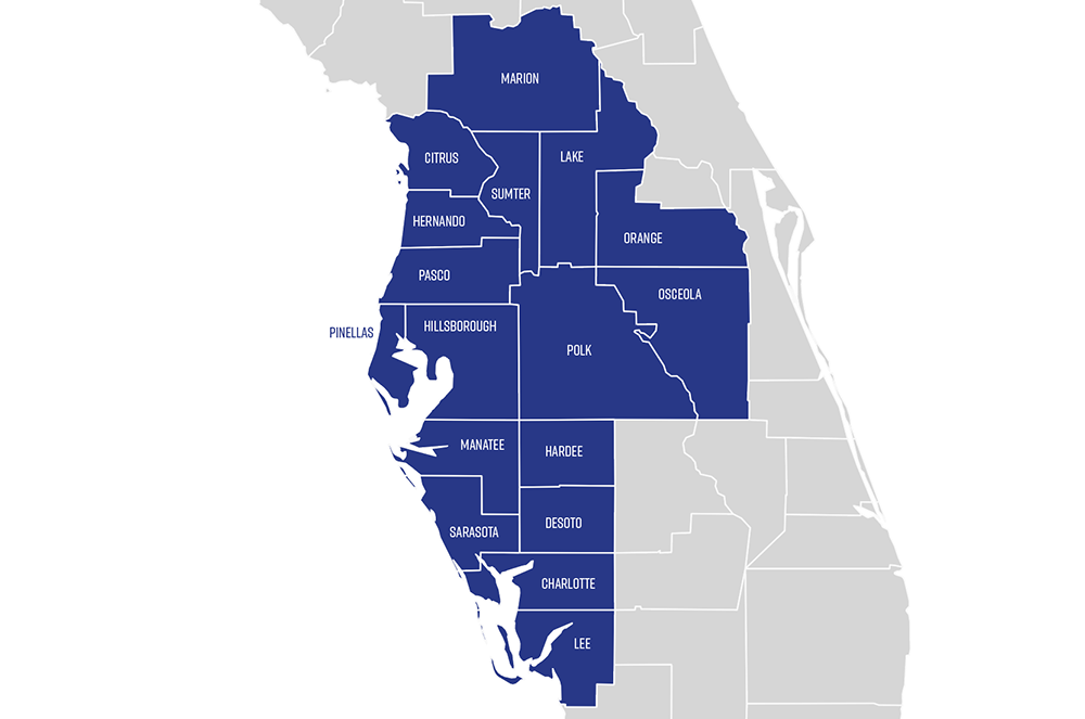 Map highlighting 16 counties in west-central Florida in blue, including Marion, Citrus, Sumter, Hernando, Pasco, Pinellas, Hillsborough, Manatee, Sarasota, Lake, Orange, Osceola, Polk, Hardee, Desoto, Charlotte, and Lee counties.