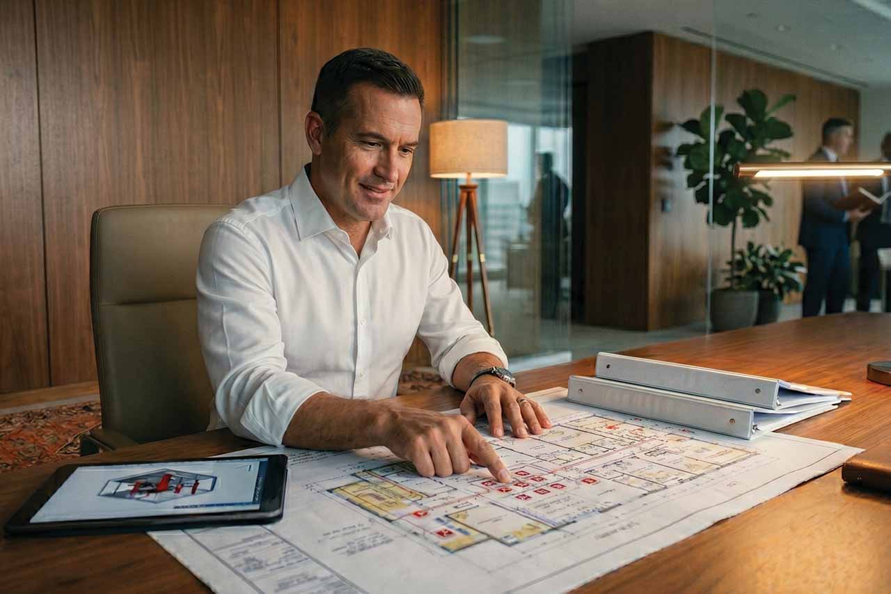 Man in a white shirt sitting at a desk pointing at a detailed architectural floor plan with red symbols, with folders and a tablet nearby, in a modern office setting with wooden panel walls and glass partitions.