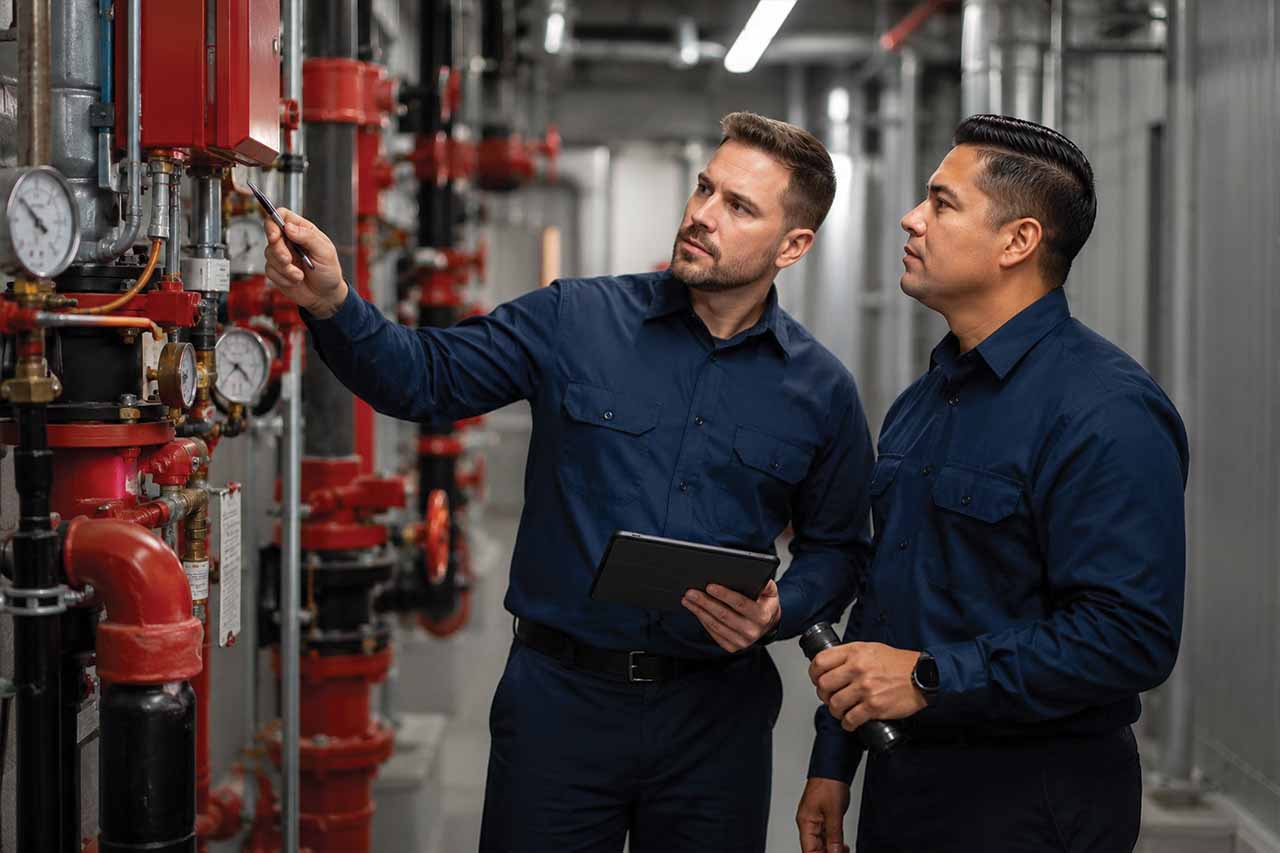 Two maintenance workers in navy blue uniforms inspecting industrial red piping and gauges inside a facility, one pointing with a pen and the other holding a flashlight.