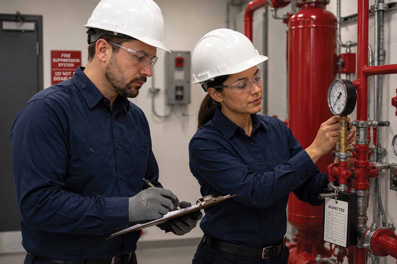 Two workers wearing white hard hats, safety glasses, blue uniforms, and gloves inspecting and recording pressure gauge readings on red fire suppression system pipes.