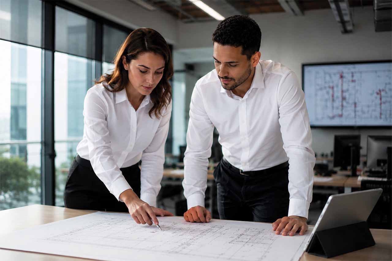 A man and woman wearing white shirts stand over a large table reviewing architectural blueprints in a modern office with large windows and computer screens.