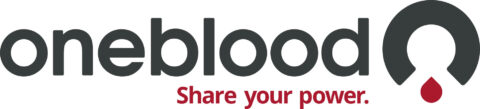 OneBlood logo with black text and a black circular icon containing a red blood drop, accompanied by the tagline 'Share your power.' in red below.