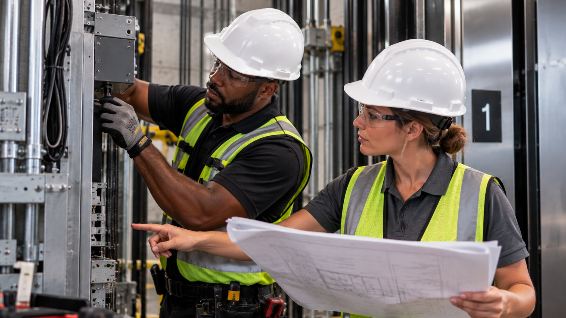 Two construction workers wearing white hard hats, safety glasses, and yellow-green reflective vests inspecting an electrical panel; the male worker is adjusting the panel while the female worker is holding blueprints and pointing at the panel.