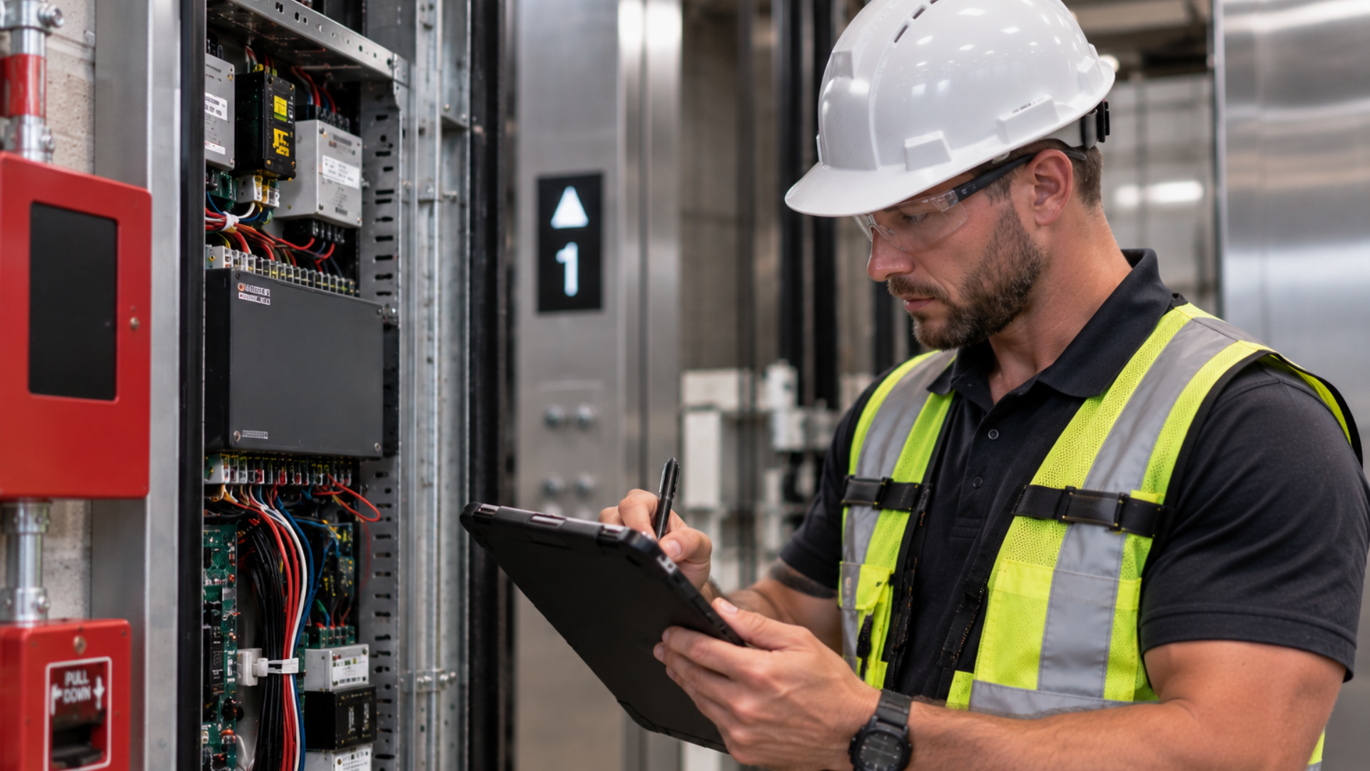 A male technician wearing a white hard hat, safety glasses, and a yellow reflective vest inspects and takes notes on a tablet while standing next to an open control panel with wires and electrical components inside an industrial setting.