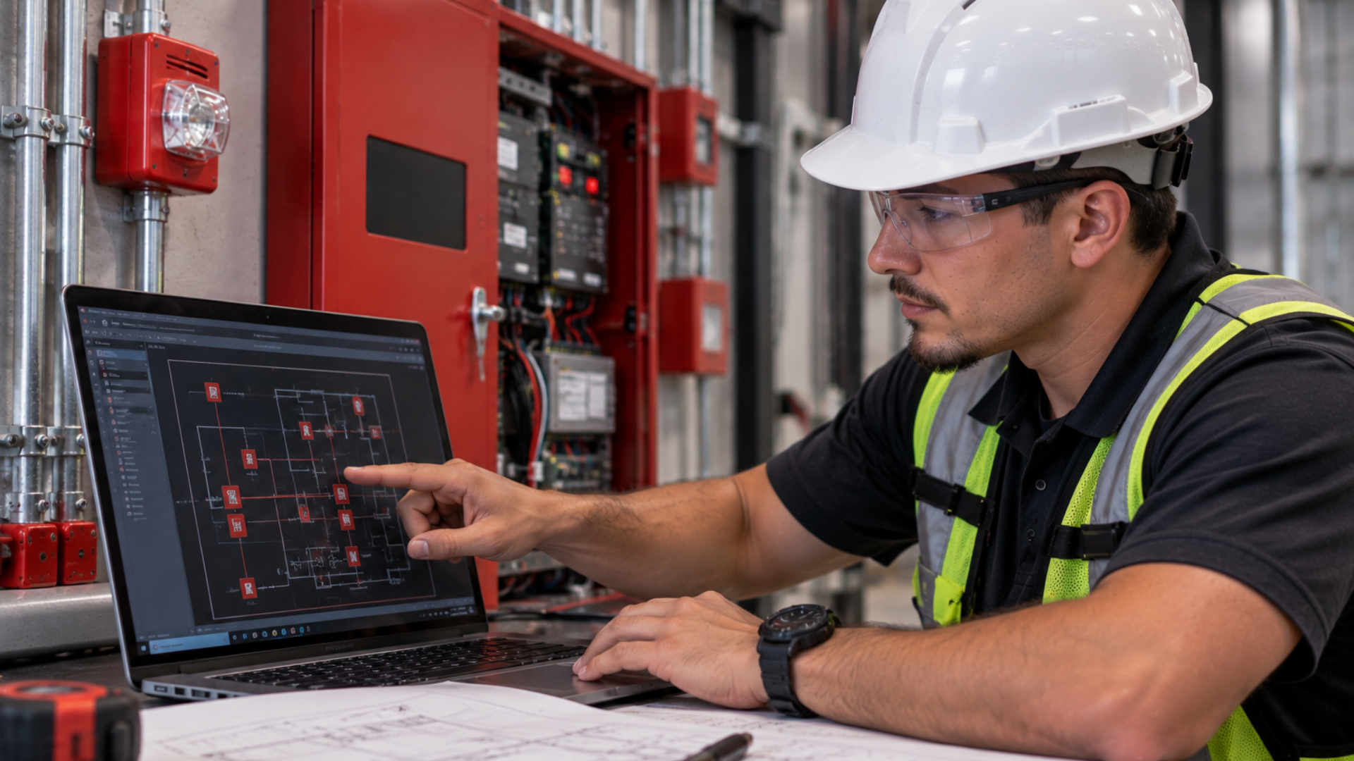 Engineer in a white hard hat and safety glasses pointing at a laptop screen showing an electrical system diagram while seated at a desk with building plans and tools in an industrial setting.