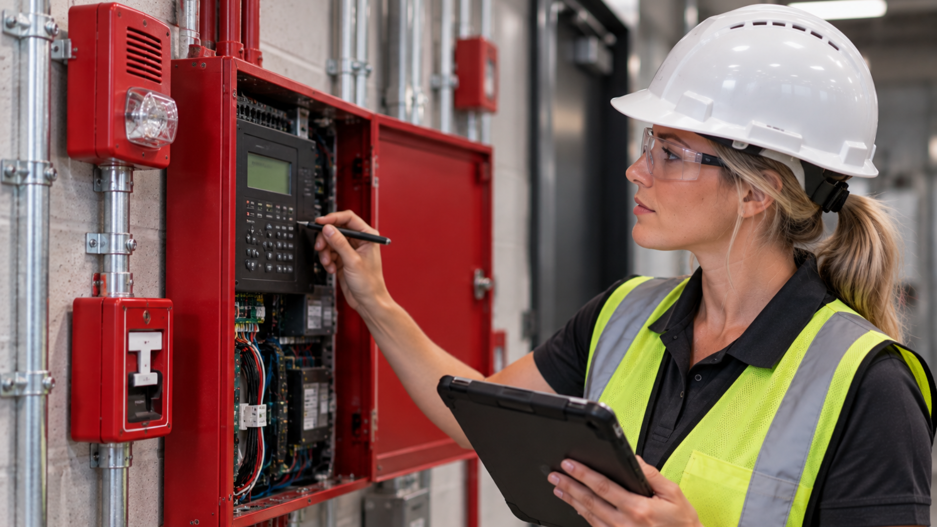 Female technician wearing safety glasses, a white hard hat, and a yellow reflective vest inspects and program a red fire alarm control panel with a stylus while holding a tablet in an industrial corridor.