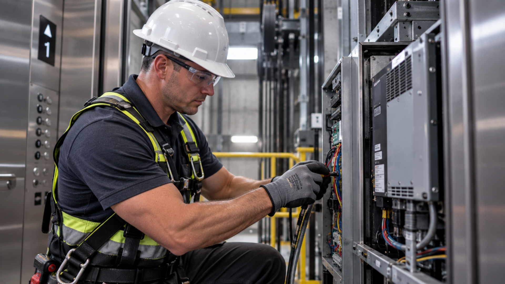 Male technician wearing a white hard hat, safety glasses, and gloves works on the wiring inside an industrial electrical control panel in a facility with metal and concrete surroundings.