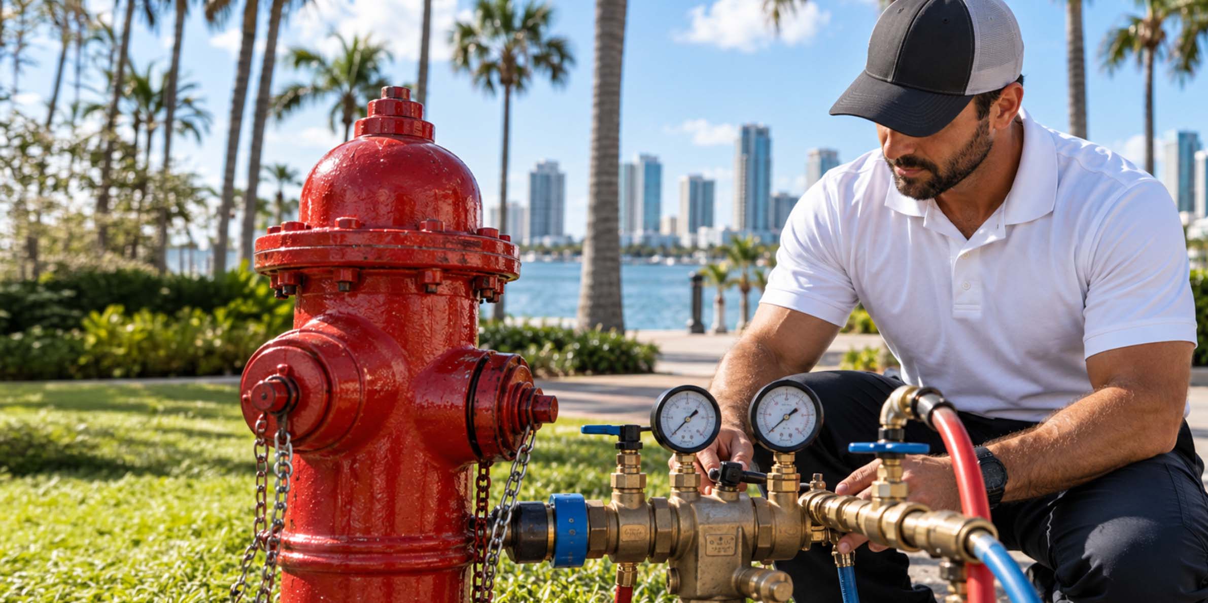 Man in a white polo shirt and black cap operating pressure gauges on a red fire hydrant outdoors with palm trees and city skyline in the background.
