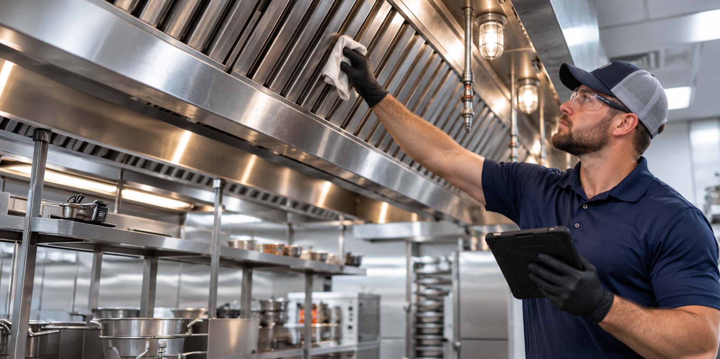 Man wearing a navy blue polo shirt, black gloves, safety glasses, and a cap cleaning a stainless steel kitchen hood with a cloth while holding a tablet in a professional kitchen.