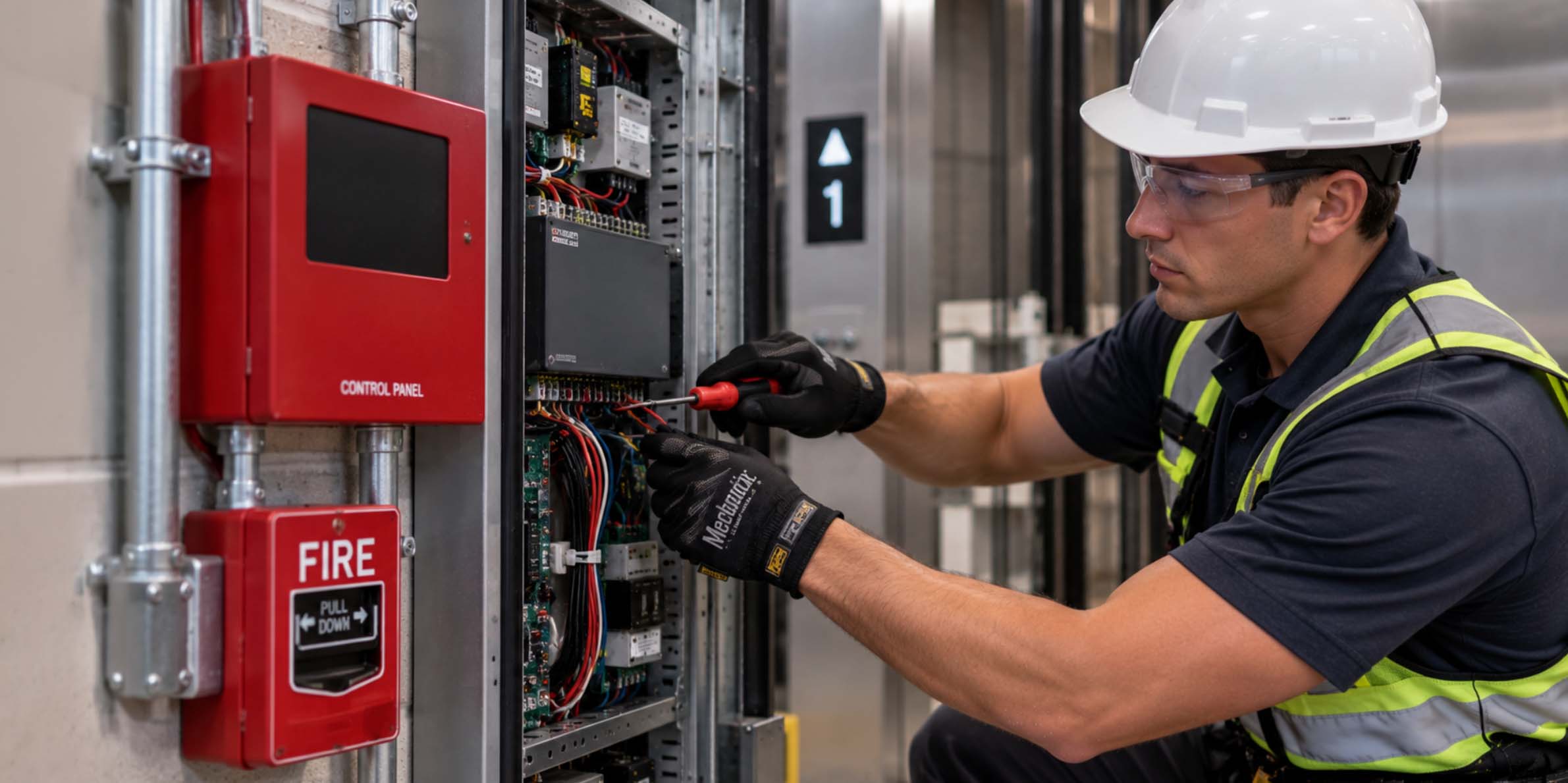 Technician wearing a white hard hat, safety glasses, gloves, and a reflective vest working with a screwdriver on wiring inside an open control panel near a fire alarm pull station in an industrial setting.