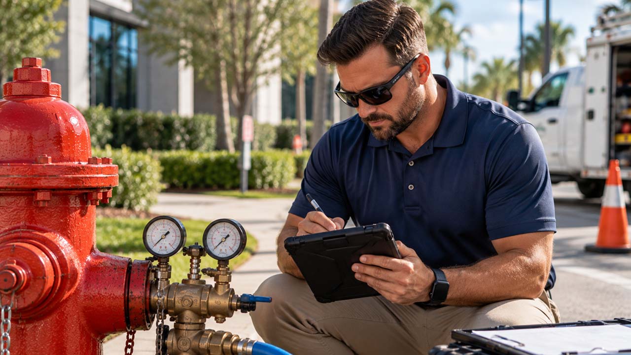 Man wearing sunglasses and a navy blue polo shirt kneels on the sidewalk beside a red fire hydrant, using a stylus to write on a tablet, with pressure gauges and a truck with an open door in the background.