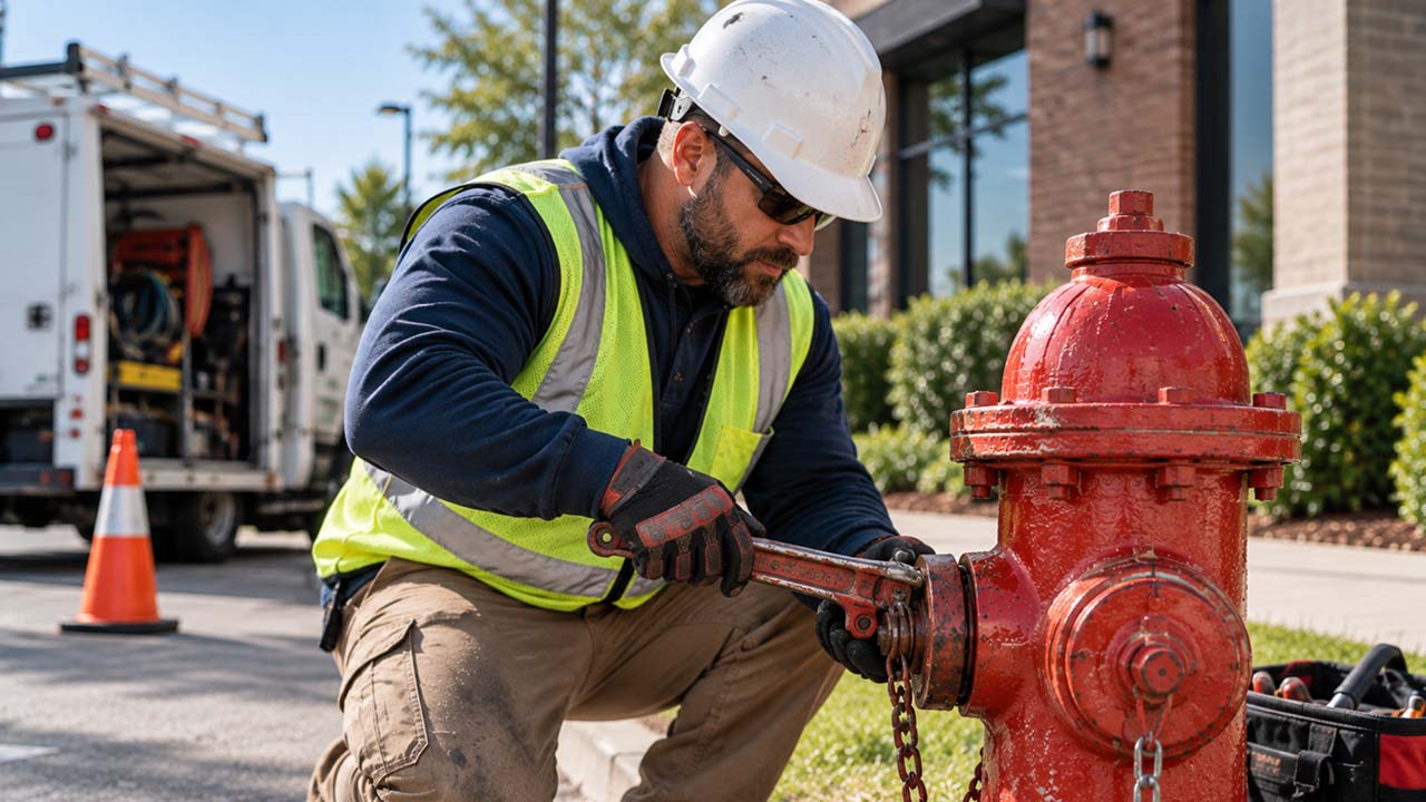 A worker wearing a white hard hat, sunglasses, gloves, a yellow reflective vest, and khaki pants is kneeling on the street while using a wrench to repair a red fire hydrant near a building, with an open service van and an orange traffic cone in the background.
