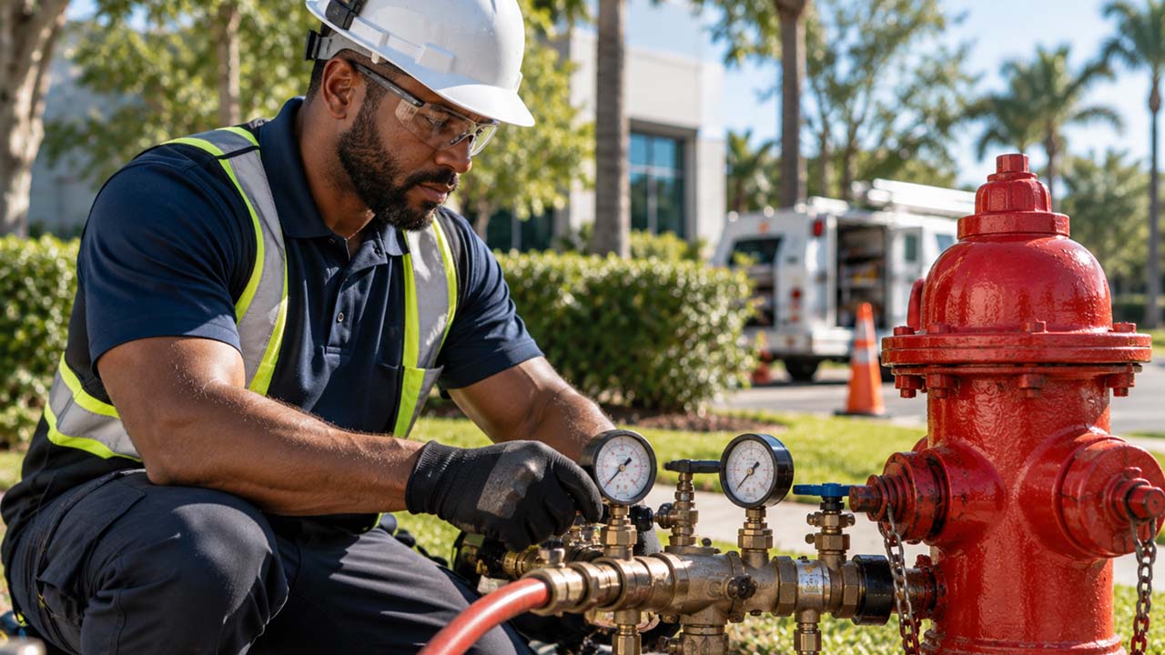 Worker wearing a white hard hat, safety glasses, gloves, and a reflective vest inspects and adjusts gauges connected to a red fire hydrant outdoors in a sunny urban area.