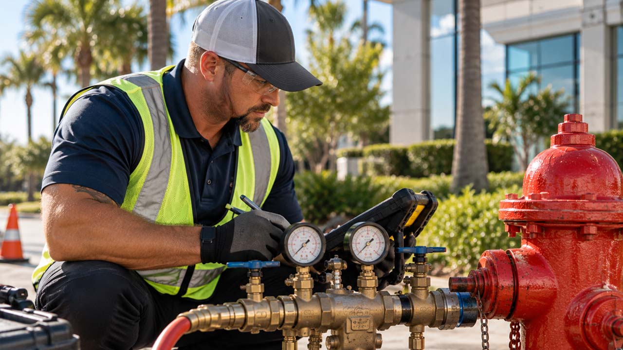 A man in safety vest, gloves, glasses, and cap records data on a device while inspecting pressure gauges connected to a red fire hydrant outside in a landscaped urban area.