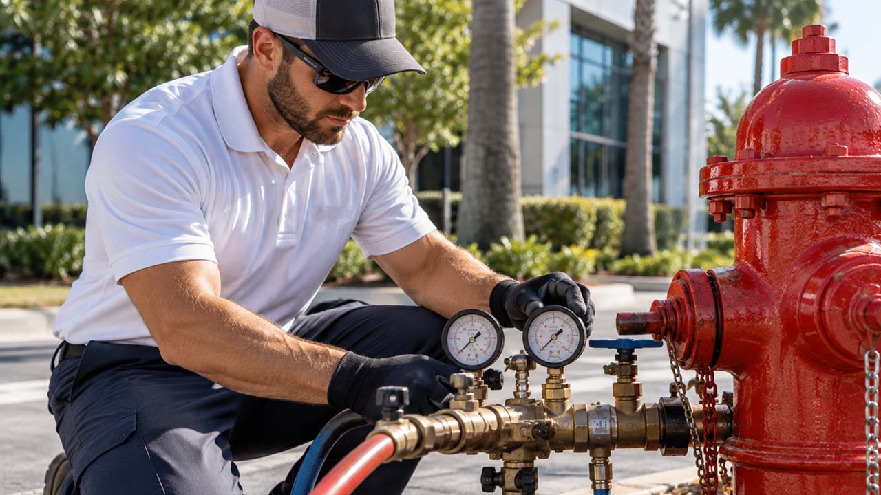 Man in a white shirt, black gloves, and cap kneeling outdoors adjusting gauges connected to a red fire hydrant with hoses attached, near a building and palm trees.
