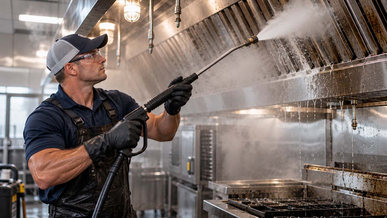 Man wearing protective gloves, apron, and cap using a steam pressure cleaner to clean a commercial kitchen exhaust hood and stove.
