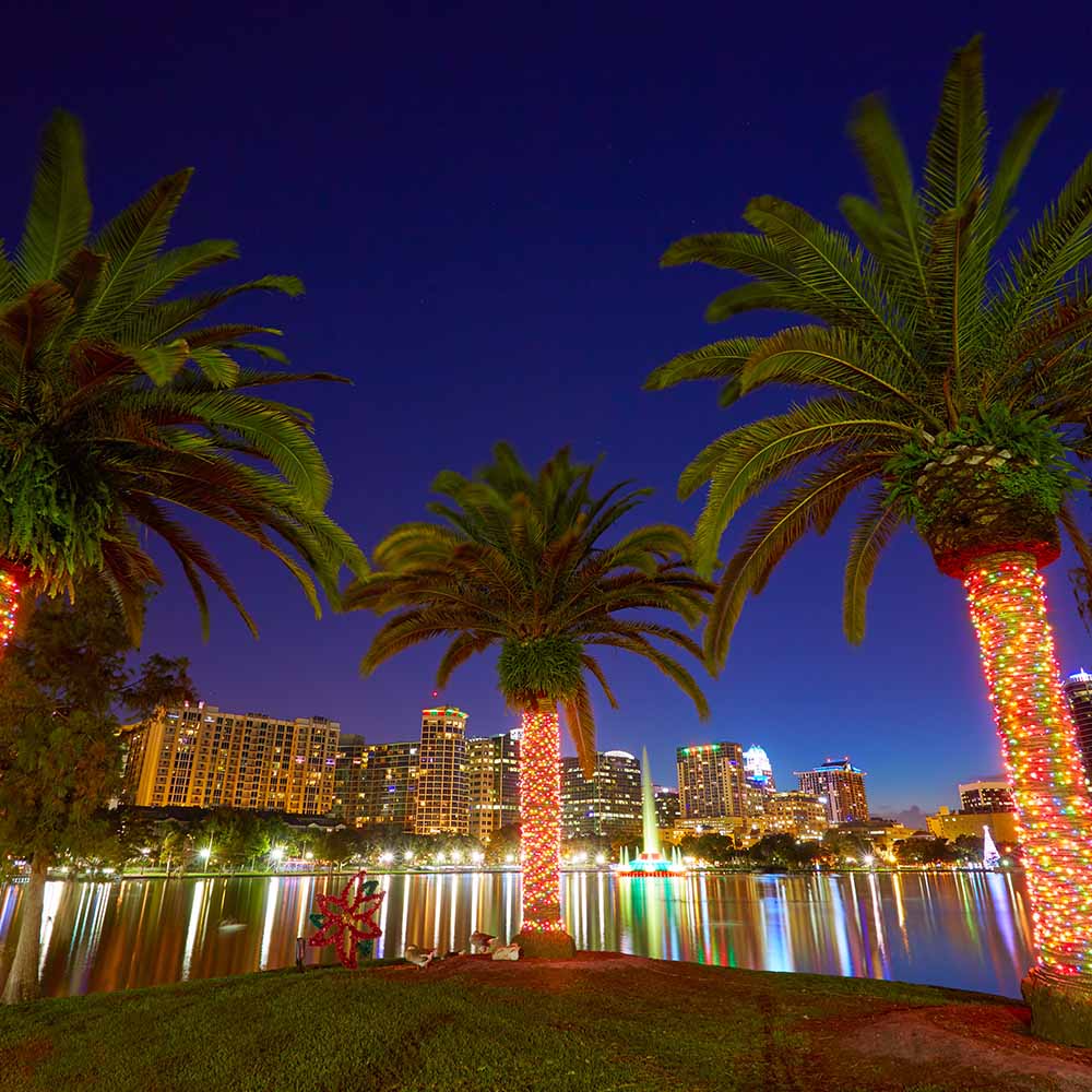 Night view of Orlando skyline across a lake with three palm trees wrapped in red and white holiday lights in the foreground and a lit fountain in the water.