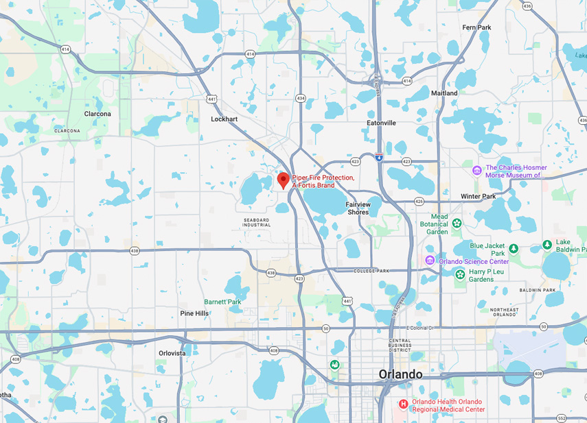 Map of Orlando and nearby areas showing roads, parks, and bodies of water, with a red map pin marking Piper Fire Protection, A Fortis Brand near Lockhart and Fairview Shores.