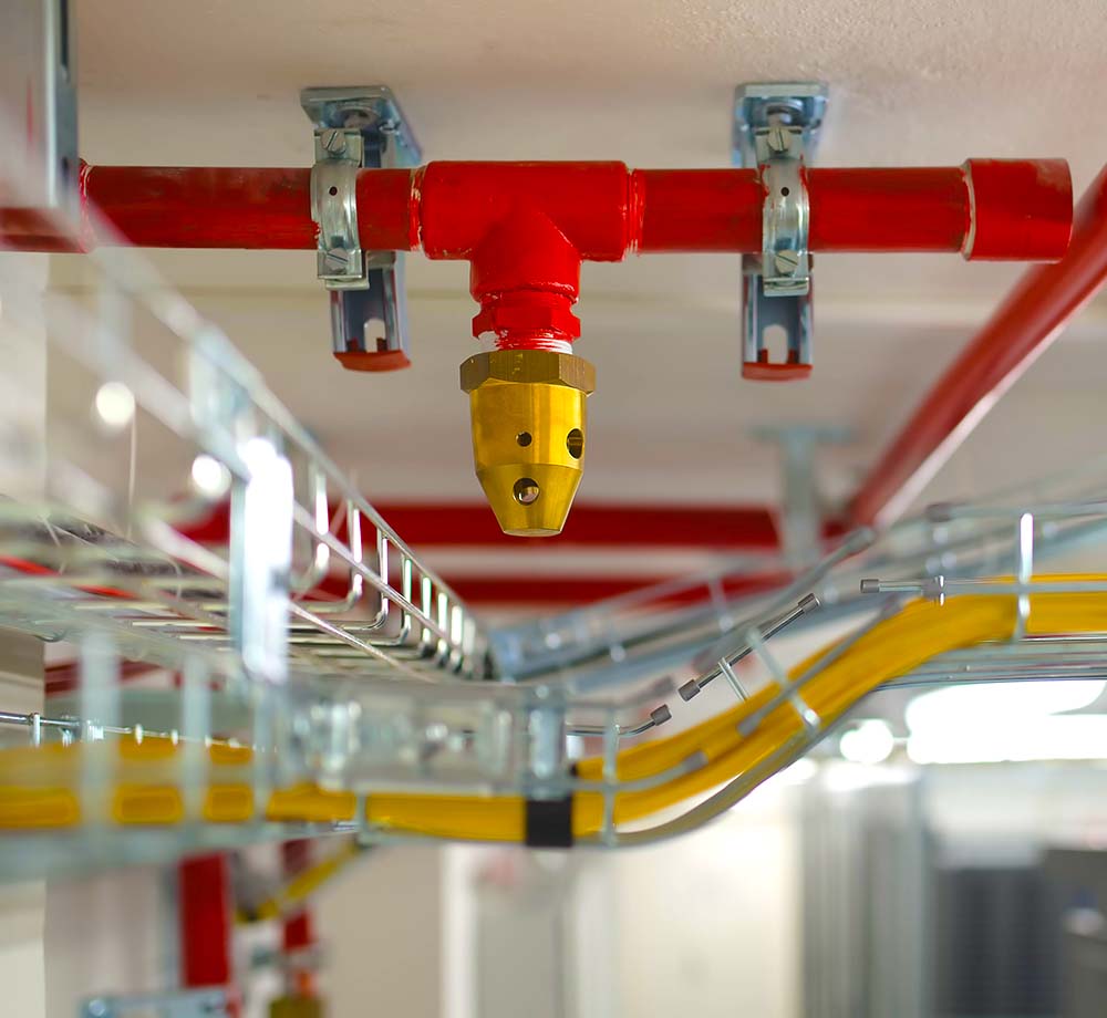 Close-up of a red fire suppression pipe with a brass sprinkler head mounted on a white ceiling, with nearby metal cable trays holding yellow cables.