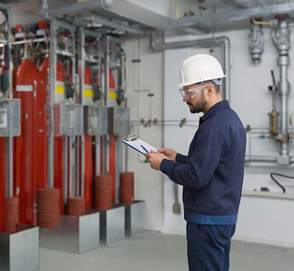 Man wearing a white hard hat and safety goggles stands in an industrial setting, holding a clipboard and pen while inspecting large red fire suppression tanks and connected piping.