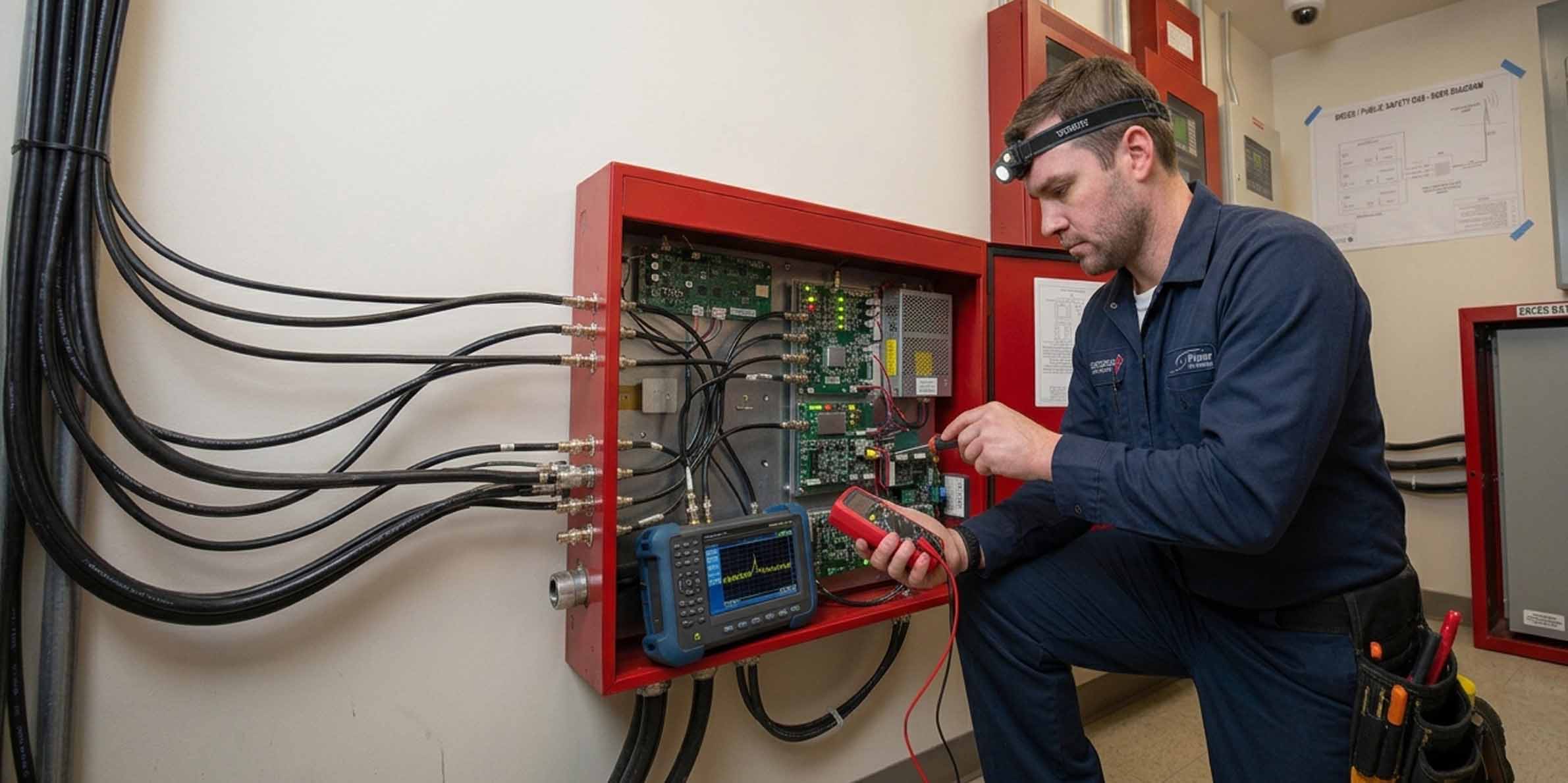 Technician wearing a headlamp and navy coverall kneeling while testing a red and black ERCES electronic control panel with multiple cables and circuit boards using diagnostic tools in a utility room.