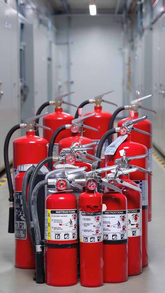 A group of various sizes of red fire extinguishers with visible instruction labels neatly arranged on a hallway floor.