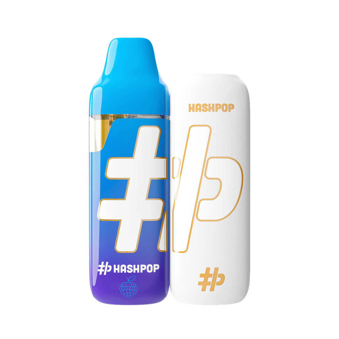 HashPop BlueRazz all-in-one beside the white PopFilter cap, 3D render