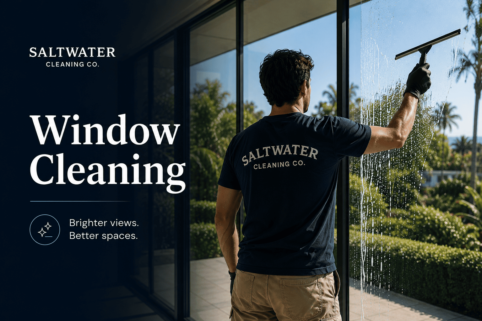 Saltwater Cleaning Company team member cleaning exterior windows in Byron Bay