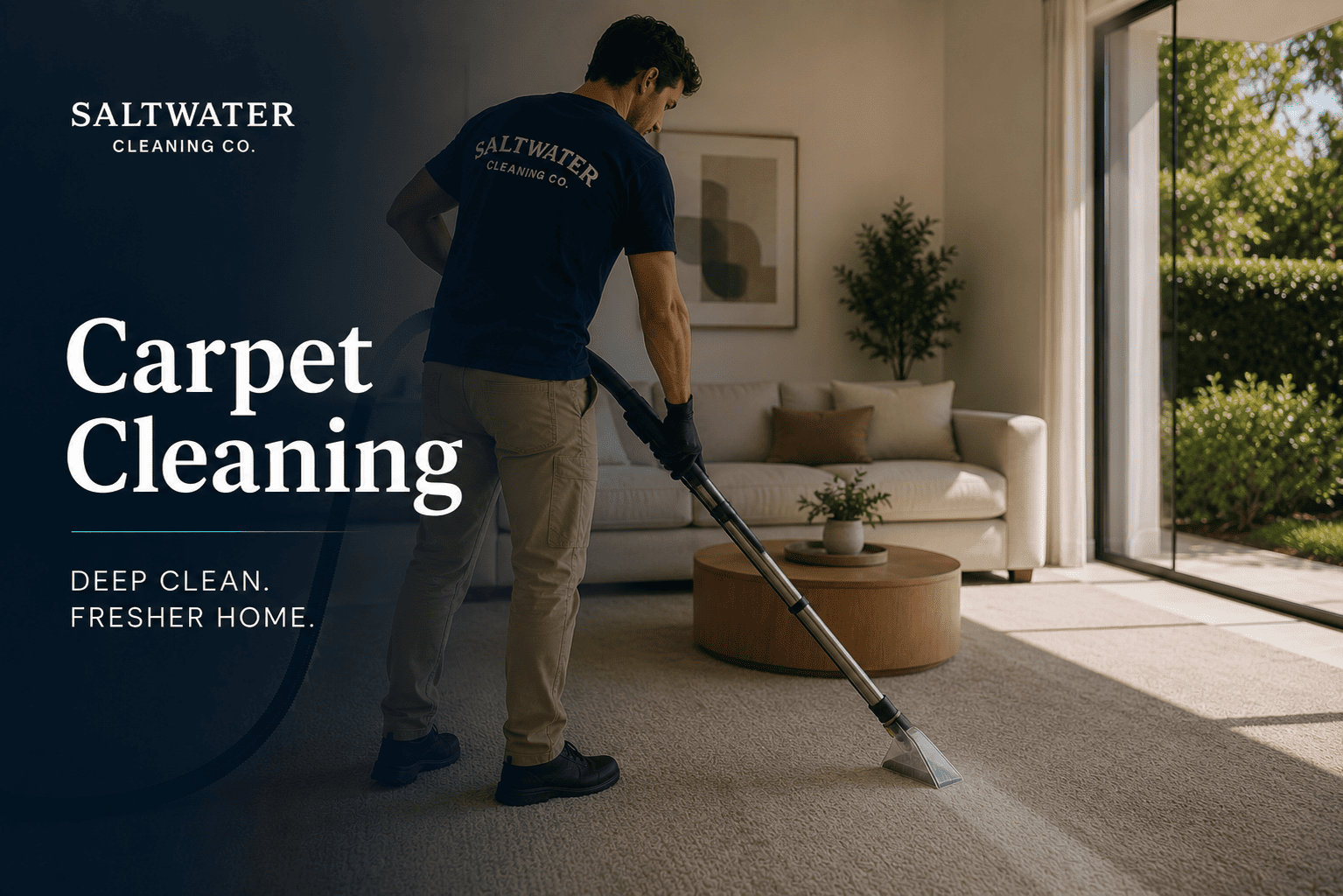 Saltwater Cleaning Company team member steam cleaning a carpet in a Byron Bay home