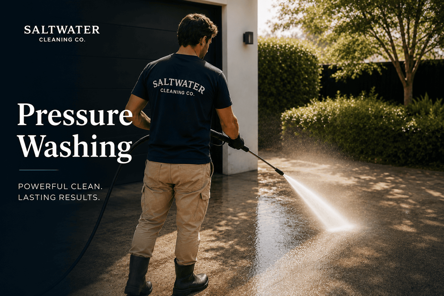 Saltwater Cleaning Company team member pressure washing a driveway in Byron Bay