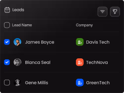 User interface showing a lead list with names, companies, and selection checkboxes.
