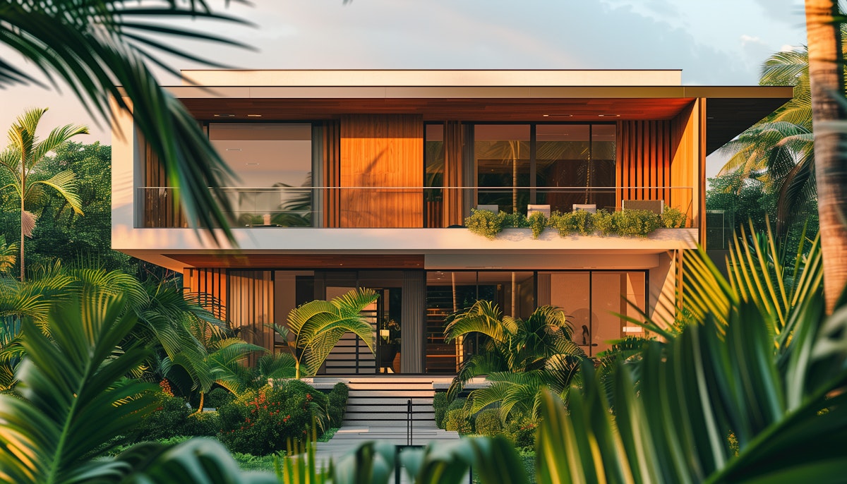 Modern two-story house with large glass windows, wood paneling, balcony, and tropical landscaping at dusk.