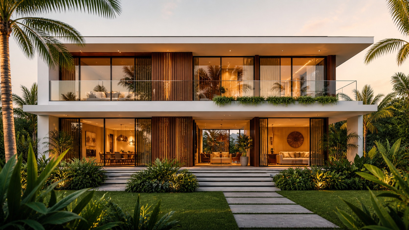 Modern two-story house with large glass windows, wooden accents, and tropical landscaping at sunset.